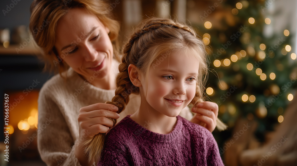 Obraz premium Mom braiding daughter’s hair by the fireplace, twinkling tree behind, calm morning, family, fireplace, tree, bonding, mother, daughter, cozy, holiday, tenderness, with copy space