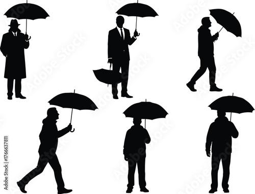 Black silhouette people with umbrellas, walking, standing, formal and casual pose, rainy weather concept, vector illustration, isolated design