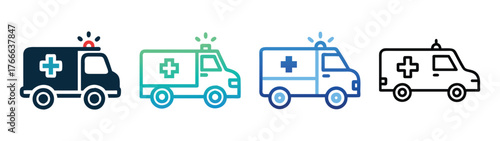 Ambulance icons set for medical emergency services transport and healthcare