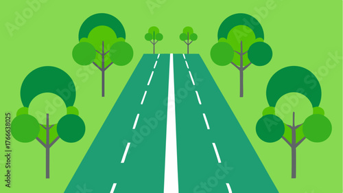 A network of bike lanes lined with trees marked by vibrant green color separating cyclists from vehicle traffic.