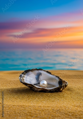 Tranquil coastal scene featuring pearl nestled in oyster on golden sand with vibrant ocean reflections.