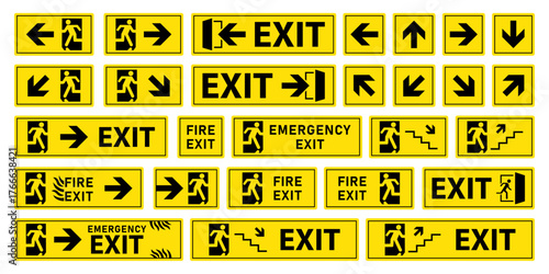 Emergency fire exit sign collection. Running man and exit door sign symbol in yellow, black color. Escape help evacuation. Various exit signs icon isolated on white background. Vector illustration.