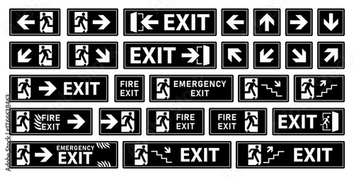 Emergency fire exit sign collection. Running man and exit door sign symbol in black, white color. Escape help evacuation. Various exit signs icon isolated on white background. Vector illustration.