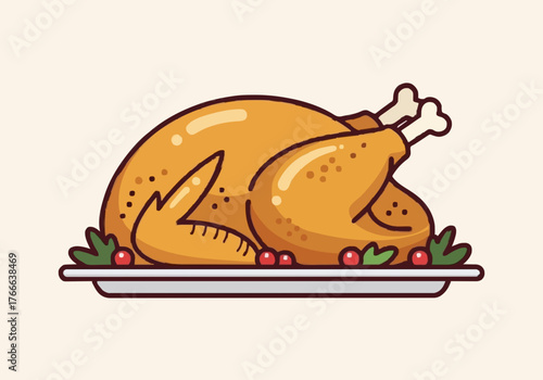 Festive holiday roasted turkey with cranberry garnish illustration.