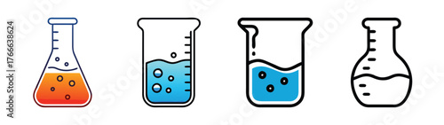 Collection of colorful beakers and flasks with liquid for science and education