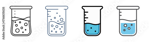 Four different beakers filled with liquid and bubbles representing science experiments