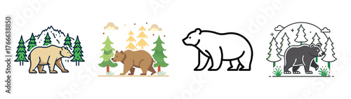 Four bear forest scenes with artistic styles and wildlife imagery