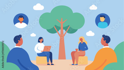 A casual setting where diplomats engage in dialogue under the shade of trees with floating icons representing cultural exchanges and soft power overlaid in the background.