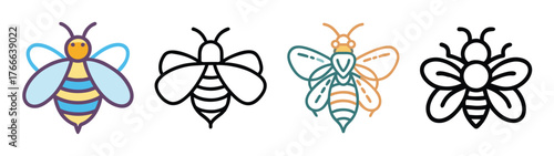 Four stylized bee icons featuring different colors and line styles