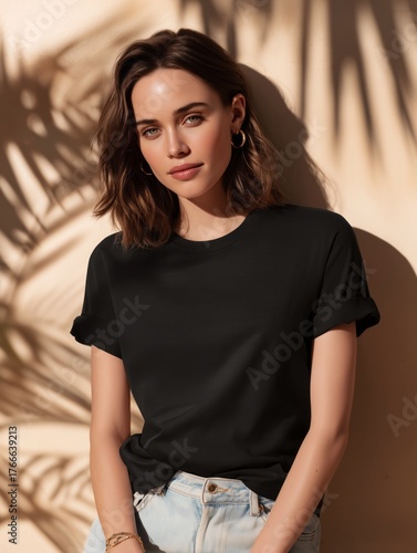Stylish woman in black T-shirt standing in warm sunlight with dramatic shadows, ideal for fashion lookbooks, lifestyle branding, social media ads, and modern apparel features