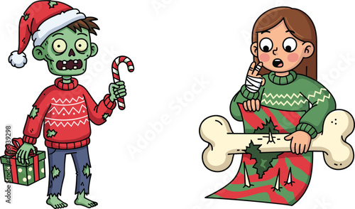 Funny zombie Santa holding candy cane and gift while shocked girl unwraps giant bone, humorous creepy Christmas cartoon vector illustration