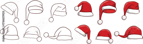 Set of santa claus hats isolated on white background in different styles