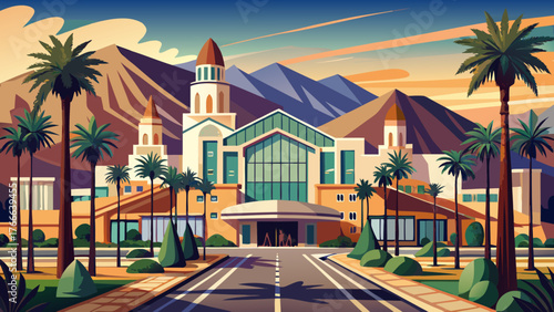 Very beautiful, Cathedral City's Civic Center near Palm Springs, California, modern architecture, landscaped plazas, palm trees, sunny skies, serene surroundings, and scenic urban civic space in the 