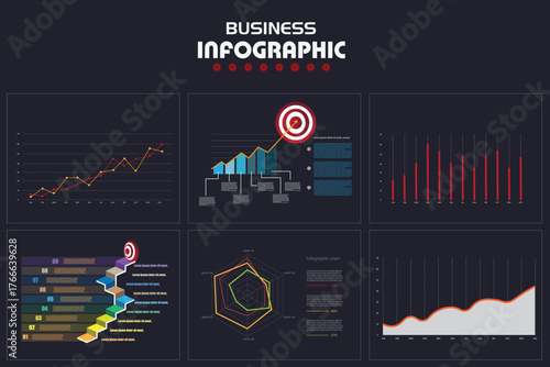 Modern dark-themed business infographic showing data charts, graphs, and analytics visuals for finance, marketing, and performance presentation