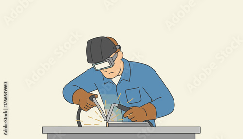 Skilled male welder in protective gear welding metal components with sparks flying, showcasing industrial fabrication, maintenance and construction work in a workshop or factory setting