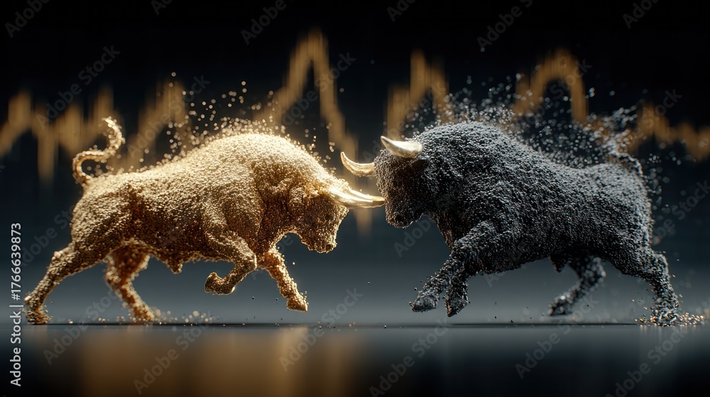 Fototapeta premium Market Bulls Clash: A dynamic visualization of financial markets, featuring two stylized bulls locked in a symbolic struggle, against a backdrop of fluctuating market trends.