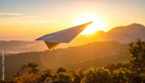 Paper Airplane Soaring at Sunset with Golden Light and Mountain Views in Background