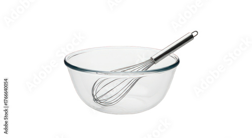Glass bowl with whisk on transparent background