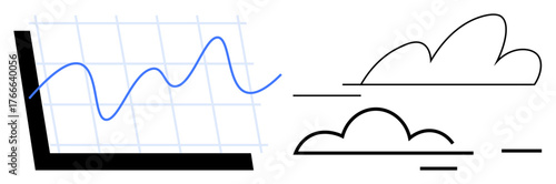 Line graph rising across grid on left, minimalist clouds on right. Ideal for growth, data, progress, trends, clarity, analytics simplicity. Clean simple flat metaphor