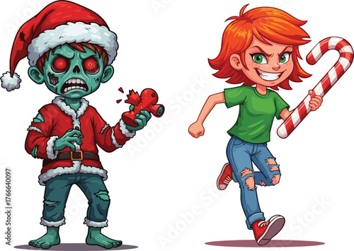 Funny zombie Santa holding toy and brave girl with giant candy cane in humorous Christmas horror cartoon illustration artwork design
