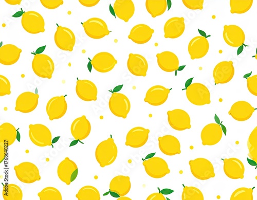 Pattern of Yellow Lemons with Green Leaves on White Background Detailed Citrus Fruit Illustration Freshness Vibrant Design Decorative Wallpaper Tileable