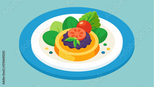 A plated dish featuring a perfectly cooked protein surrounded by vibrant vegetable purees and artfully arranged garnishes illustrating harmony in composition.