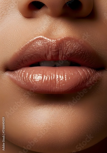 Detailed macro shot capturing a woman’s natural beauty through her lips, nose, and radiant skin tone.