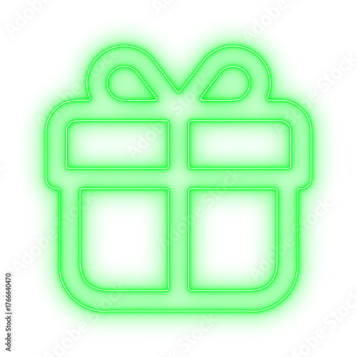 Green neon gift package icon with luminous ribbon representing sustainable holiday present and festive cheer