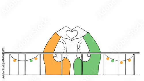 Neighbors on a balcony evening lights ling around them each contributing one hand to create a heart shape that symbolizes love and closeness with city skyline in the distance.