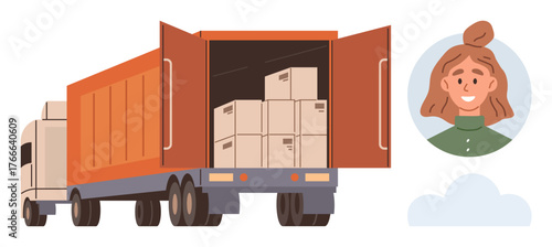 Freight truck loaded with boxes, rear doors open alongside smiling female character. Ideal for logistics, delivery, transportation, trade, e-commerce, warehousing management. Simple flat metaphor