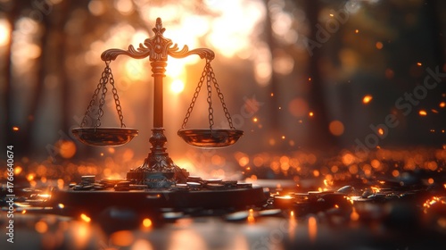 Close-up of a gold-colored traditional balance scale set on an outdoor surface with sparks and a warm sunset glow creating a mystical and symbolic atmosphere of justice and fairness