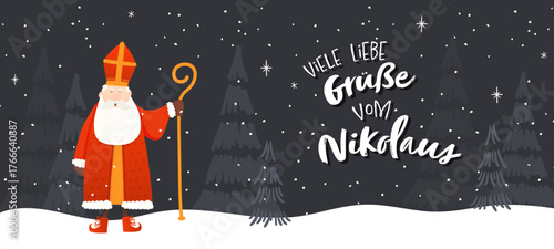 Lovely drawn Nikolaus character, text in german saying "Greetings from St. Nikolaus" - great for invitations, banners, wallpapers, cards - vector design