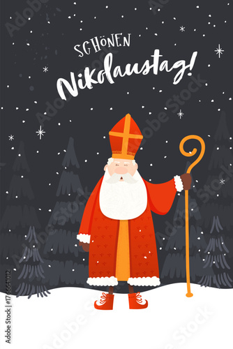 Lovely drawn Nikolaus character, text in german saying "Happy St. Nikolaus Day" - great for invitations, banners, wallpapers, cards - vector design