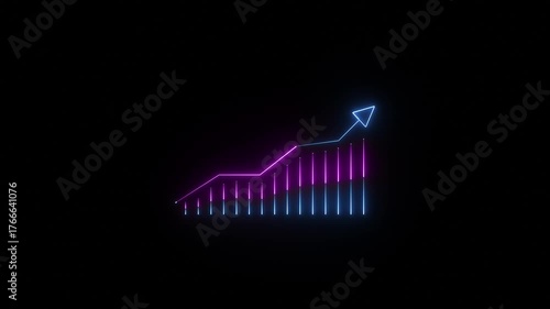 Neon glowing business up arrow animation on black background.