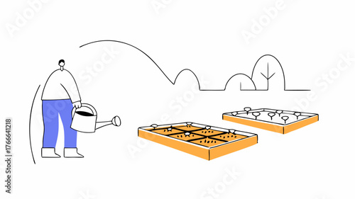 Neighbors setting up a community garden plot with raised beds and seeds being planted while one person holds a watering can ready to nurture the new plants.