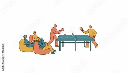 Four people enjoying office recreation, with two individuals actively playing table tennis and two others relaxing on bean bag chairs and holding electronic devices, all on a transparent background