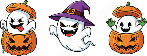 Halloween cartoon ghosts with jack-o'-lanterns, witch hat, spooky expressions, festive pumpkins, fun clipart for October decorations and design
