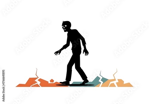 Silhouette of a zombie walking with glowing effects isolated on white background