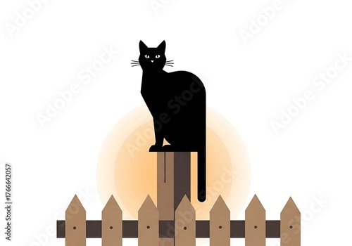 Black cat silhouette perched on a fence post isolated on white background