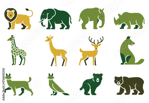 Set of vector animal icons flat design illustration of wildlife animals isolated on white background