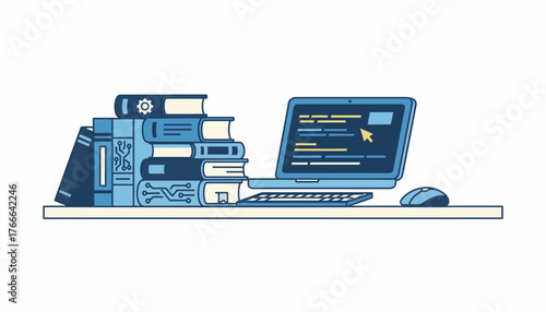 Stack of books next to a laptop displaying lines of programming code, representing online education, software development, e learning courses, and technology study