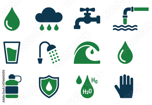 Set of water-related icons featuring drops rain and faucets simple vector glyphs for environmental and conservation themes