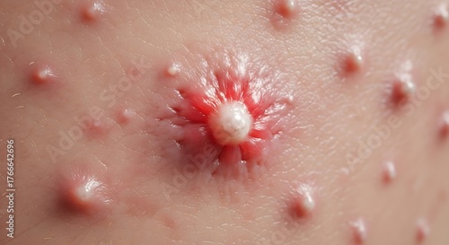 Macro View of Severe Cystic Acne Pimple with White Head on Skin
