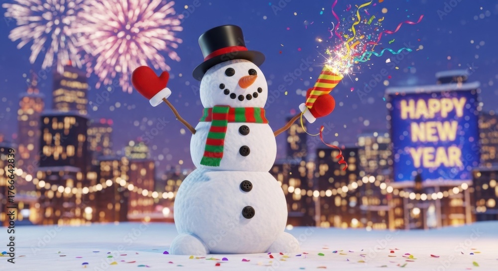 Naklejka premium Festive snowman celebrating new year's eve with fireworks display in the city