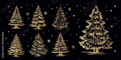 Christmas gold tree set on black. Hand drawn illustration.	
