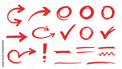 Hand drawn red arrows checkmarks circles exclamation marks and underlines set for highlighting and annotation elements