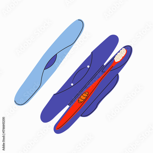 An open blue toothbrush case with a toothbrush inside. Travel toothbrush case. Toothbrush for oral hygiene. Oral care, water treatments. Flat vector illustration on a light background