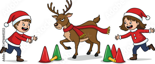 Happy boy and girl playing with reindeer during Christmas celebration surrounded by colorful cones in fun festive winter illustration.