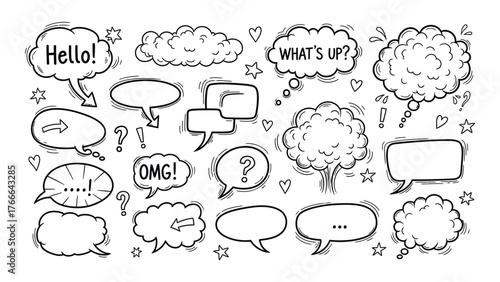 Hand drawn speech bubbles and thought clouds collection diverse shapes and styles for comics messaging communication