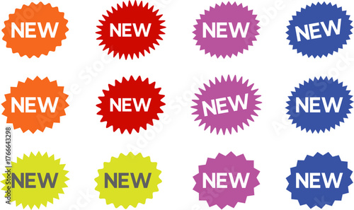 Stickers for New Arrival shop product tags, new labels or sale badges and banners. New sticker set, discount sticker, special price, advertising campaign, jagged starburst sticker icon, sale sticker.
